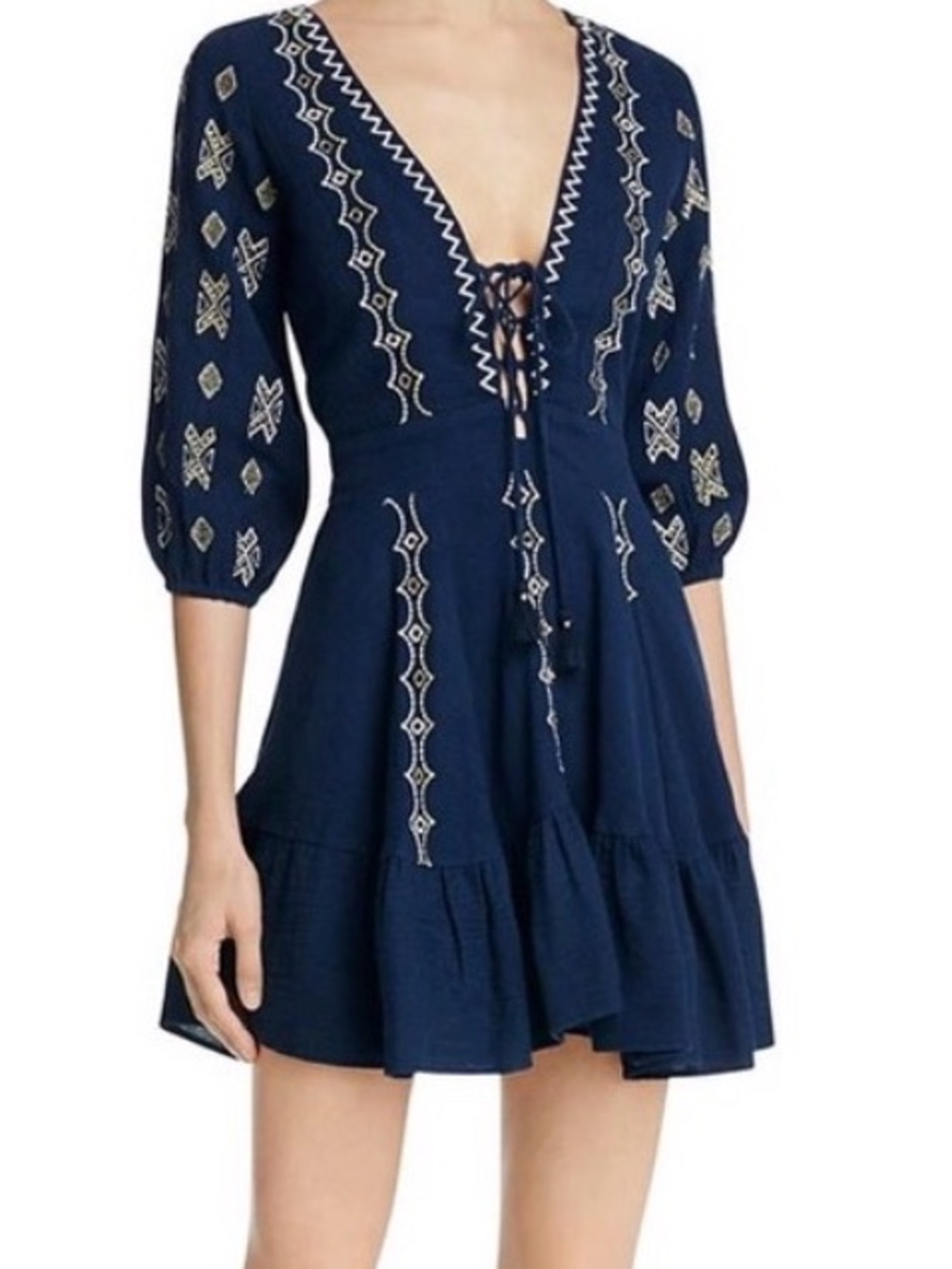 Piper by Townsen Navy Open‎ Back Mini Dress Gold Aztec Embroidery L Boho Tassel
